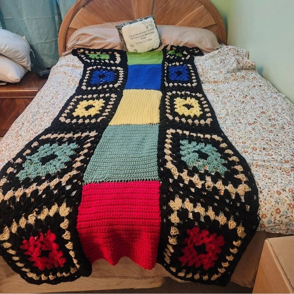 Hand Crafted Crochet Blanket Afghan Granny Square Twin X Long  Multi color 72x32